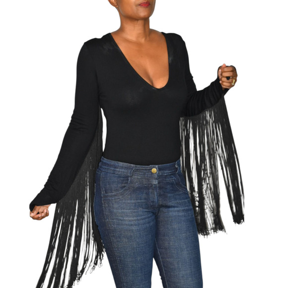 ASOS Fringe Bodysuit Black Plunge V Neck Long Sleeve Stretch Statement Blouse 6 - Picture 10 of 13